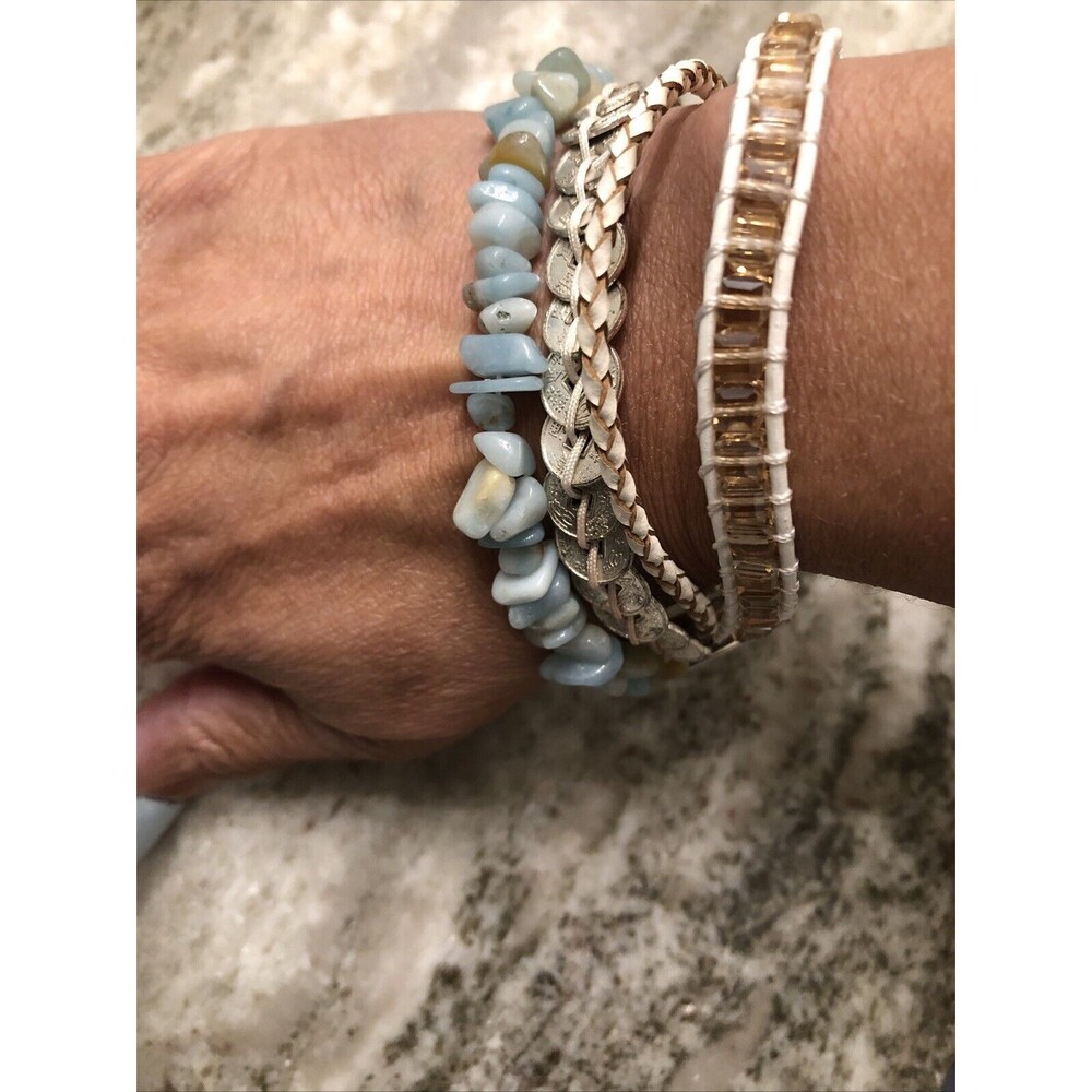 Victoria Emerson Bracelet Silver Tone Beaded Leather Stone Modernist Boho & Ring